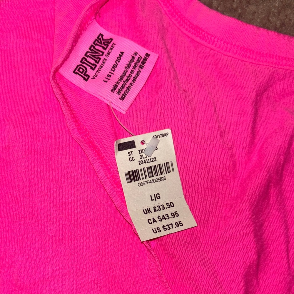 PINK Victoria's Secret Neon Pink Long-Sleeve Tee with Logo Sleeve Print - Picture 3 of 3